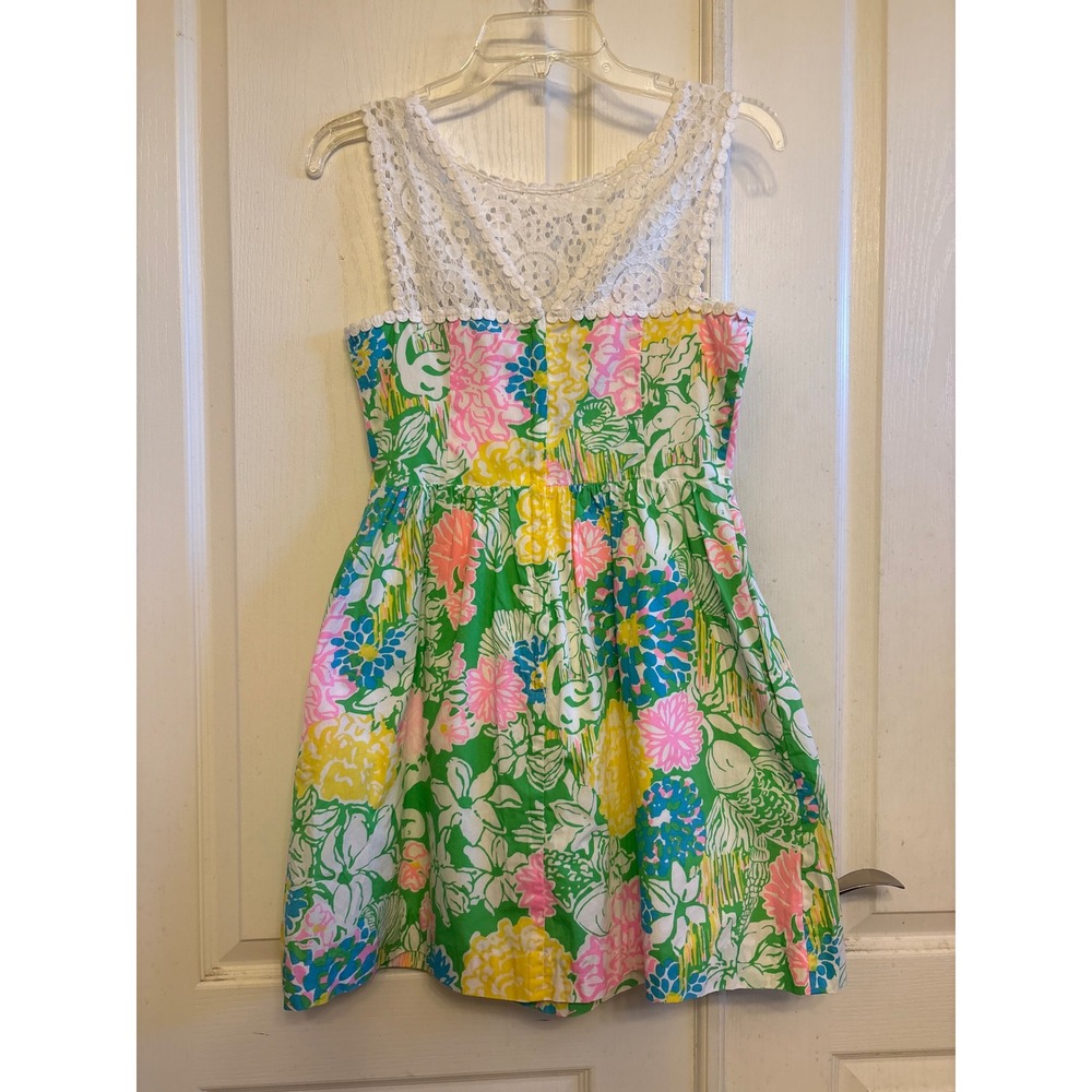 Lilly Pulitzer Floral Lace Yoke Fit and Flare Dress Green Pink Yellow 2016 Sz 0